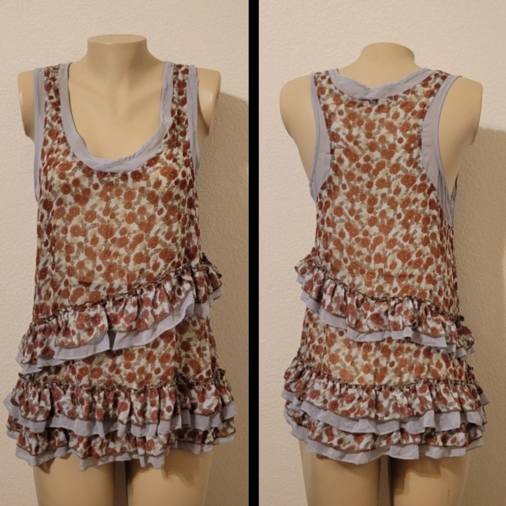 Floral Ruffle Sleeveless Sheer Top Large